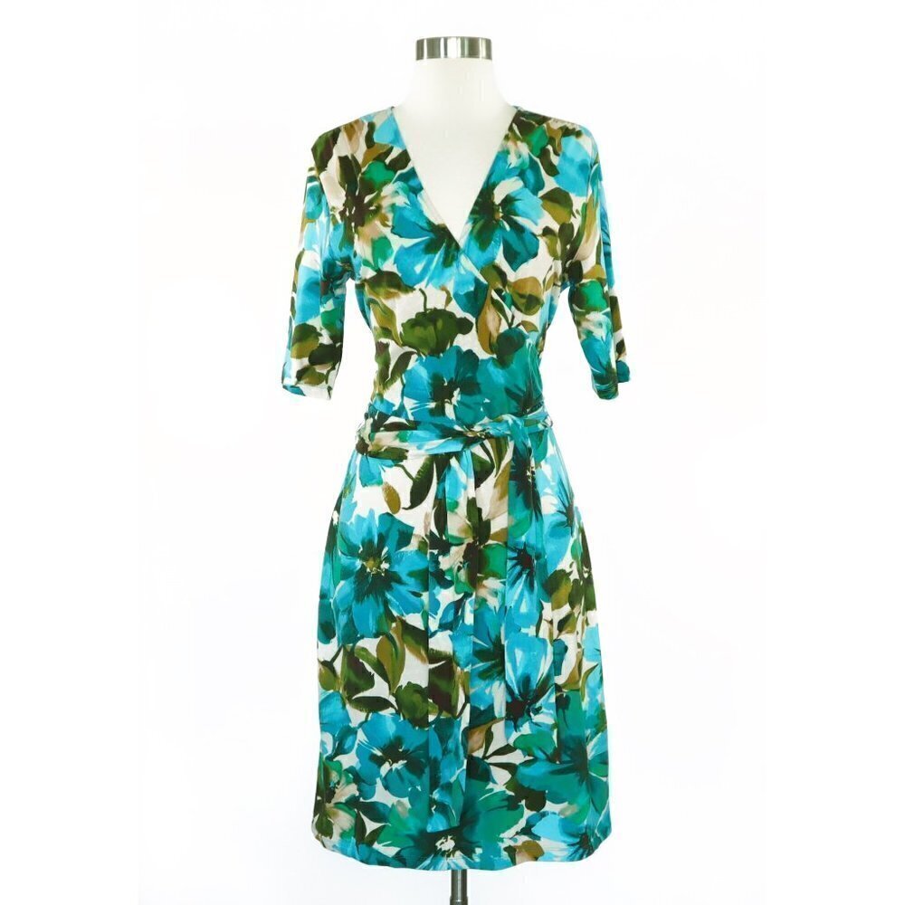 Jones New York Sport Turquoise Teal Floral Wrap Look Stretch Knit Dress Size M